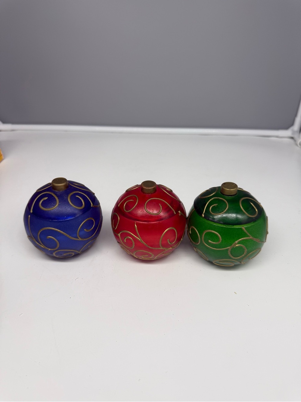 Fifth Avenue Crystal Ornament Covered Candle Jar Set of Green Red Blue